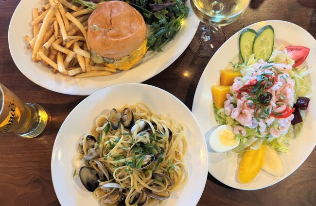 Scoma's Specials - Mussels with Linguini, Shrimp Salad, Burger and Beer or Wine
