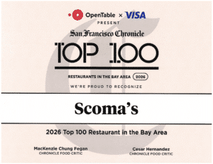 Award certificate from OpenTable and San Francisco Chronicle recognizing Scoma's as one of the Top 100 Restaurants in the Bay Area for 2026
