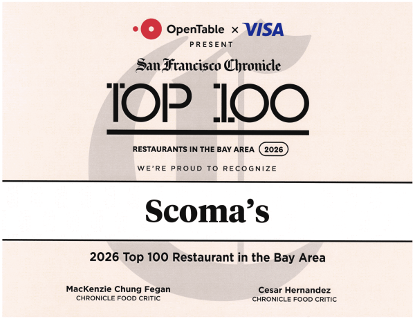 Award certificate from OpenTable and San Francisco Chronicle recognizing Scoma's as one of the Top 100 Restaurants in the Bay Area for 2026